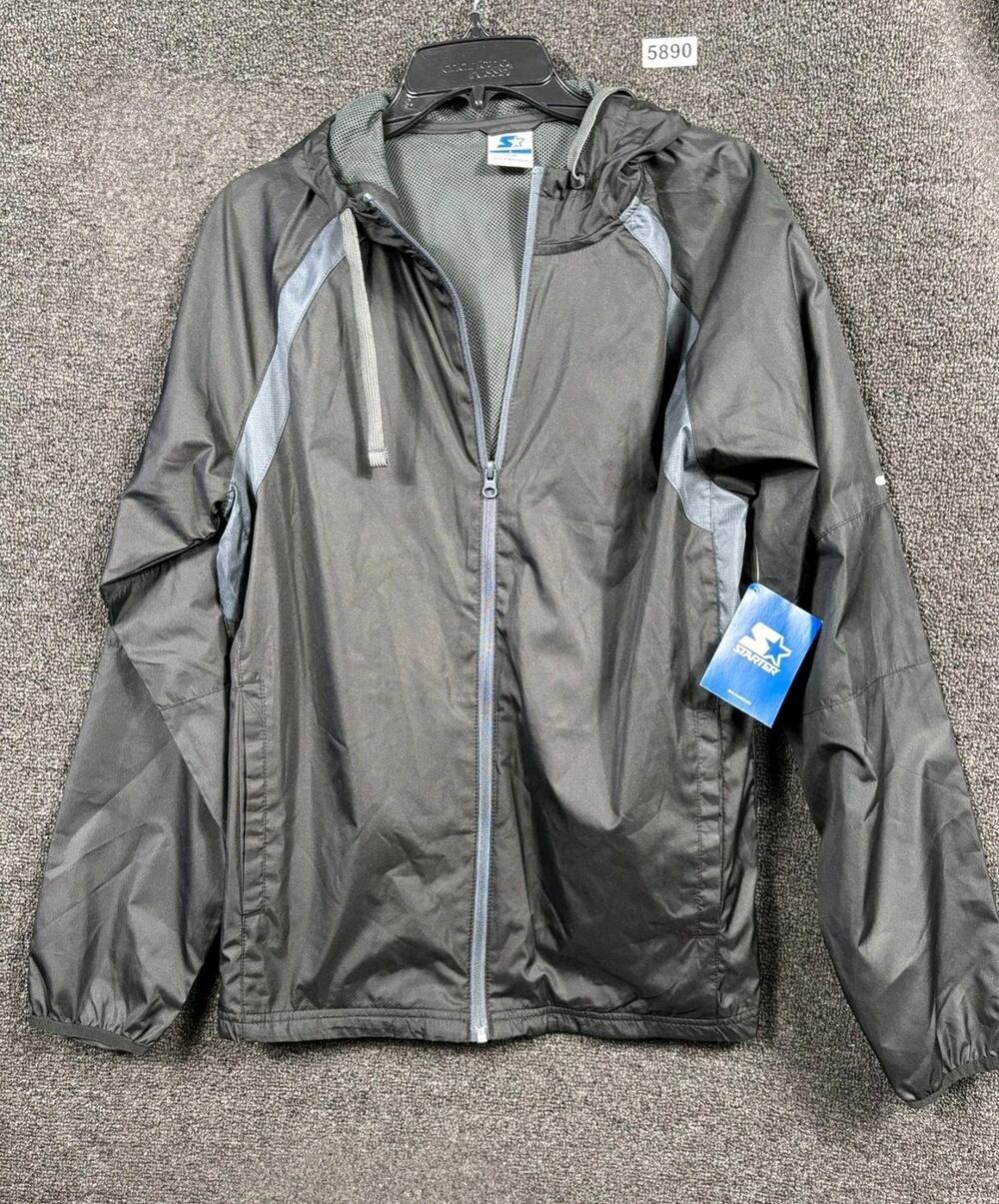 Starter Jacket Mens Small Black Woven Track Hooded Full Zip Mesh Lined